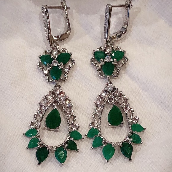 Real Emerald and CZ Cathedral Earrings - Picture 2 of 5